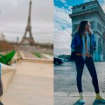 Ma Nagamini em frente à Torre Eiffel e ao Arco do Triunfo na França.